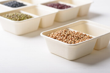 Soybeans in compostable cardboard boxes are eco-friendly concepts and are mainly used as a plant-based ingredient in vegetarian, healthy food.
