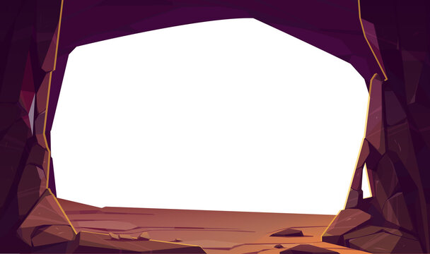 Entrance to cave in mountain, hole in rock with empty copy space for text or image. Grotto, hidden underground tunnel or cavern, natural hollow on white background, Cartoon vector illustration