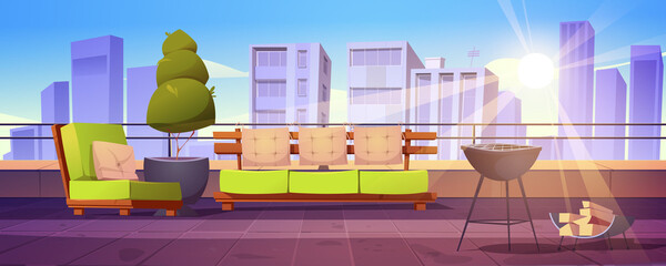 Patio on rooftop with sofa, armchair and cooking grill for bbq. Vector cartoon illustration of house roof or balcony with furniture for barbeque party and city view