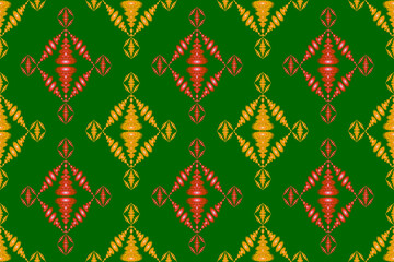 Ikat geometric folk ornament red-brown, ethnic fabric pattern seamless tribal in Aztec style, curtain, tribal embroidery, indian, folk pattern, green background cloth pattern