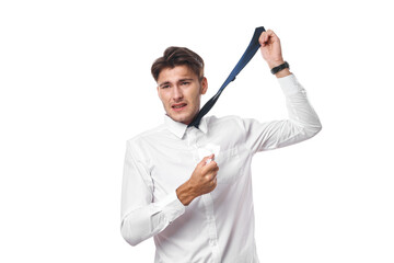 man in white shirt with tie office emotions light background