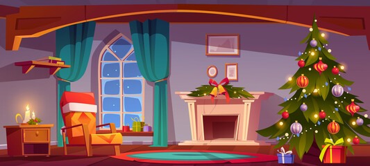 Room at Christmas night, empty home interior with fireplace, burning candles, decorated fir tree with gifts and presents and cozy armchair with santa hat decor. Xmas eve Cartoon vector illustration
