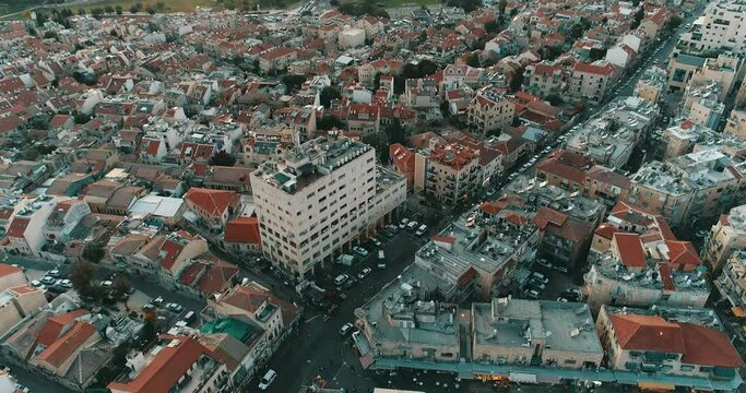 Jerusalem, Israel. Aerial View of Urban Neighborhood Around Shuk Machane Yehuda Market, Tilt Down Drone Shot