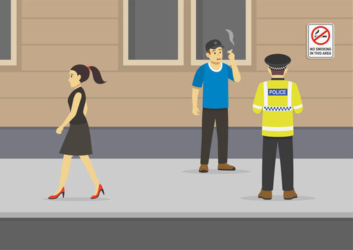 Smoking In Public Places.Young Male Character Holding And Smoking A Cigarette.No Smoking In This Area Warning Sign On The Wall.Police Officer Writing A Ticket To A Pedestrian.Flat Vector Illustration.