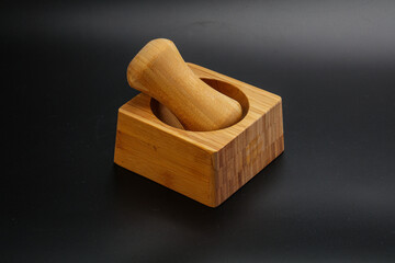 Wooden mortar for kitchen isolated