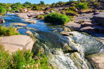 View of Tokovsky waterfalls on the Kamenka river in Dnipropetrovsk region, Ukraine