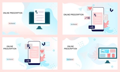 Set of landing pages of online pharmacy, healthcare, drugstore app concept. Vector of online prescription drugs, first aid kit and medical supplies being sold online via web or smartphone application.