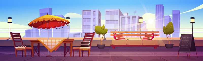 Restaurant at rooftop terrace on city view background. Empty patio with table, chairs and chalkboard menu on skyscraper roof. Outdoor cafe area for relax or recreation, Cartoon vector illustration