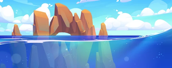 Fotobehang Sea landscape with mountains in water. Vector cartoon illustration of deep lake background with stones and rocks underwater. Seascape or tropical ocean background with rocky arch © klyaksun
