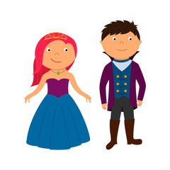 A beautiful fairy-tale princess and a prince in a crown and a fancy dress. Children's illustration for printing