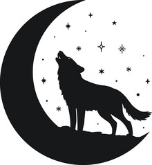 Silhouette of a howling wolf on the moon, stars, night