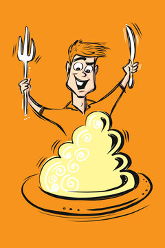 Fun cartoon of a man eating a big plate of food with a big fork and knife. Orange background.  