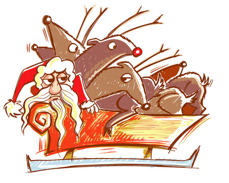 Santa and his lazy reindeer crowd into his sleigh. Comical with a grumpy Santa Claus looking at the Reindeer who are meant to be pulling the sleigh