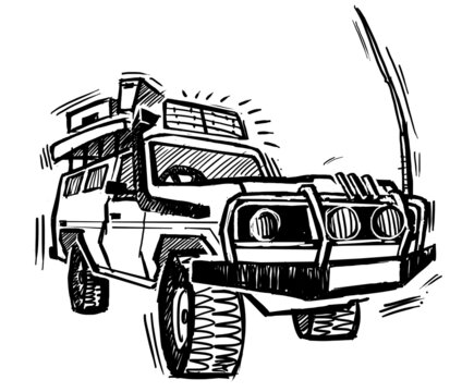B&W illustration of a Four Wheel Drive in a grunty chunky style