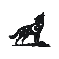 Silhouette of a howling wolf on the moon, stars, night