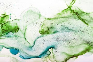 Fototapeta premium Watercolor alcohol ink swirls. Transparent waves in blue and green colors. Delicate pastel spots. Digital decor