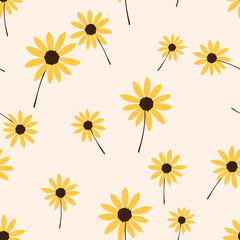 Seamless pattern with yellow daisy flowers on pastel orange background vector.