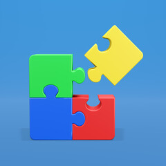 Jigsaw puzzle in action. Symbol of team work, strategy, solution, connection. Business concept. 3D render illustration. Clipping path of each element included.