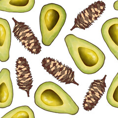 Avocado halves and coniferous cones on a white background. Seamless pattern. Design for fabric, packaging, printing, paper.