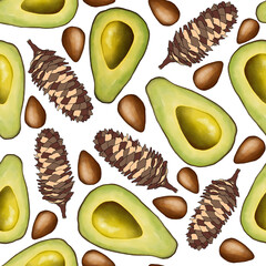 Coniferous cones, seeds, avocado halves on a white background. Seamless pattern. Design for fabric, packaging, printing, paper.