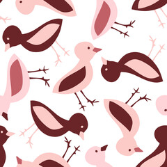 Beige, pink and brown birds on a white background. Vector seamless pattern. Design for fabric, print, card, wrapping.