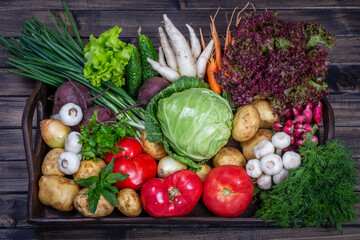 Selection includes carrot, potato, cucumber, tomato, cabbage, lettuce, beetroot, onion, garlic, radish, dill and parsley