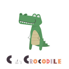 Cute alphabet letter C with cartoon crocodile. Nursery animal themed ABC card for teaching, reading. Vector illustration.
