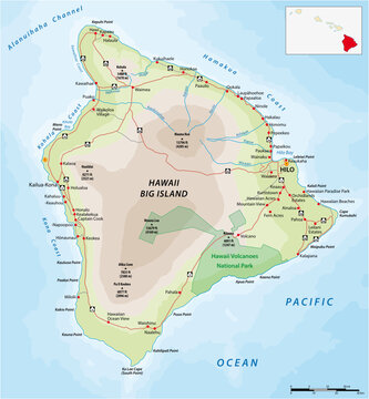road map of the largest Hawaiian island, Big Island, Hawaii 