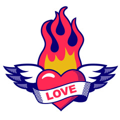 tattoo old style sticker with heart with wings and fire. Engrave vintage design of burning heart with ribbon for sticker, print, t-shirt, label 