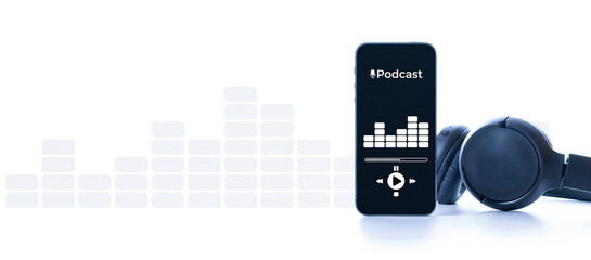Podcast icon. Audio equipment with microphone, sound headphones, podcast application on mobile...