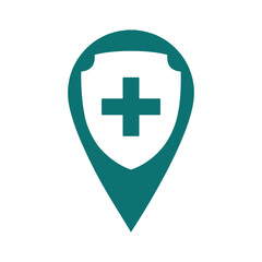 The icon is the location of the medical institution. A blue location icon with a shield and a cross located inside. The concept of designation on the map of a medical institution. 