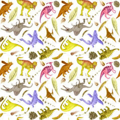 Dinosaurs wallpaper. Seamless pattern on white. Watercolor illustration. For background, cover, textile, packaging. © Evgeniia