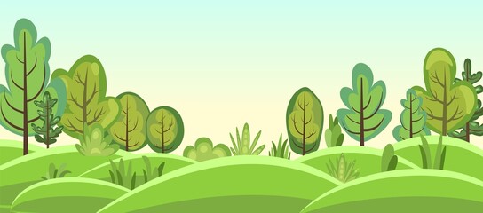 Flat forest. Illustration in a simple symbolic style. Funny green landscape. Hill meadows. Comic cartoon design. Cute scene with trees. Country Wild Scenery. Vector