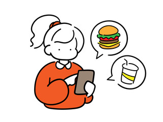 スマホで食事をネット注文する女の子のシンプルでおしゃれな線画イラスト