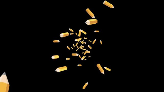 Many orange pencils floating in air on black background. Education concept. Low polygonal writing utensil. 3D loop animation.