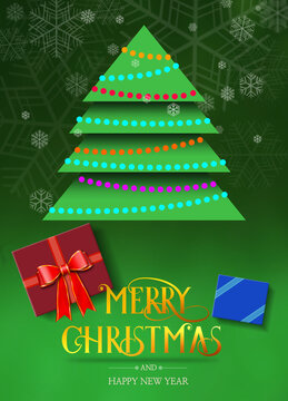 Christmas image consisting of a tree and gift boxes on a snowy background.