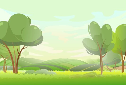 Spring juicy meadow. Rural landscape with grass and orchard farmer hills. Cute funny cartoon design. Flat style. Soft weather. Vector.