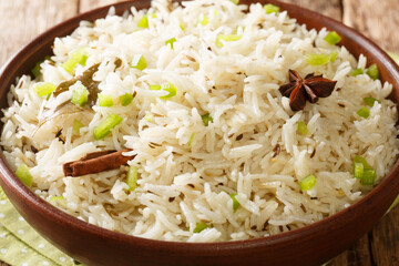 Vegetarian Indian Jeera rice with cumin and other spices close up in the bowl on the table....