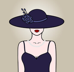 Vector illustration with beautiful woman with hat. Charming woman with eyes hidden by a big hat decorated with a flower.