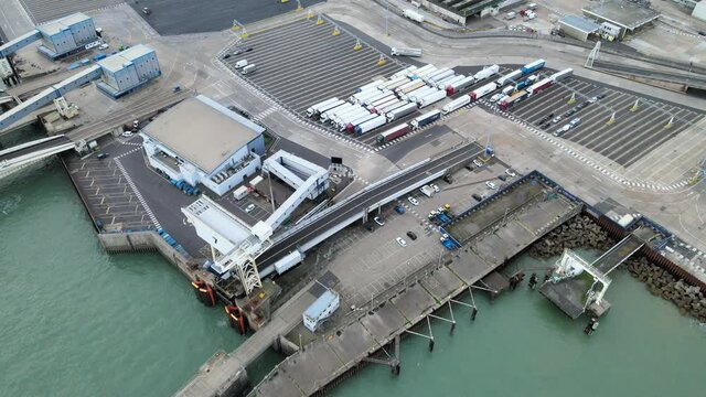 Trucks and Lorries waiting Port of Dover ,Ferry terminal Kent England ,aerial 4k footage