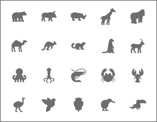 Set of animal and Pet line style. It contains such as Bear, hippo, giraffe, Gorilla, Camel, Kangaroo, meerkat, mongoose and other elements.