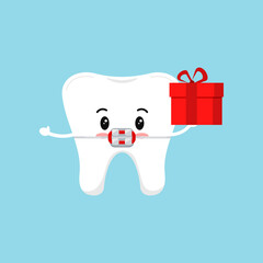 Chistmas tooth in braces with gift icon isolated on background. Dental holiday character - white funny tooth with present. Flat design cartoon style vector stomatology clip art illustration.