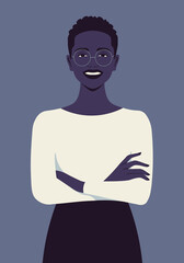 Portrait of a happy African woman with crossed arms. Office professions. Women’s right. Vector flat illustration.
