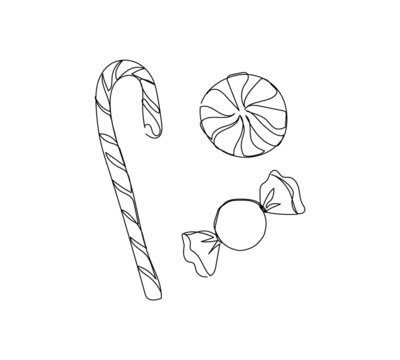 Christmas peppermint caramel candy line art. Continuous line drawing of new year, holidays, christmas, traditional sweets, marshmallow, caramel, stick.