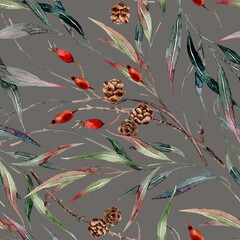 Seamless pattern with cones. Winter watercolor background.