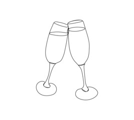 Two glasses of champagne clink glasses one line art. Continuous line drawing of new year holidays, christmas, birthday, wine, alcohol, cocktail, drink, joy.