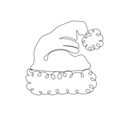 Santa Claus hat one line art. Continuous line drawing of new year holidays, christmas, traditional, decor, hat with pompon, winter accessory, magic.