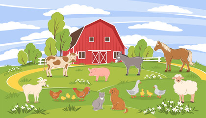 Farm animals with landscape - horse, cow, donkey, pig, sheep, goat, rooster, chicken, duck,  dog, cat. Vector illustration  different сute cartoon animals  © Tatiana Bass