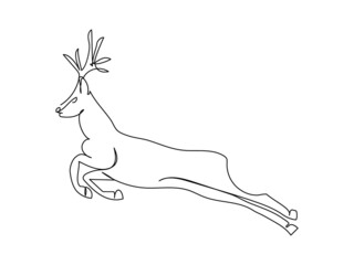 Young moose gallops one line art. Continuous line drawing of new year, freezing, holidays, deer, antlers, animal, forest, wild animal, helper of Santa Claus.