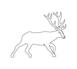 Young elk one line art. Continuous line drawing of new year, freezing, holidays, christmas deer, animal, forest, wild animal, helper of Santa Claus, north pole.